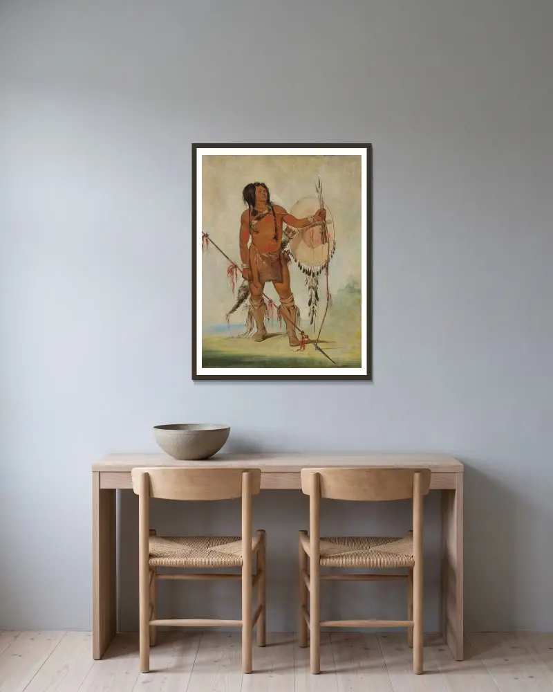 His-Oo-Sán-Chees, lilla spanjoren, en krigare av George Catlin inramad på en vägg