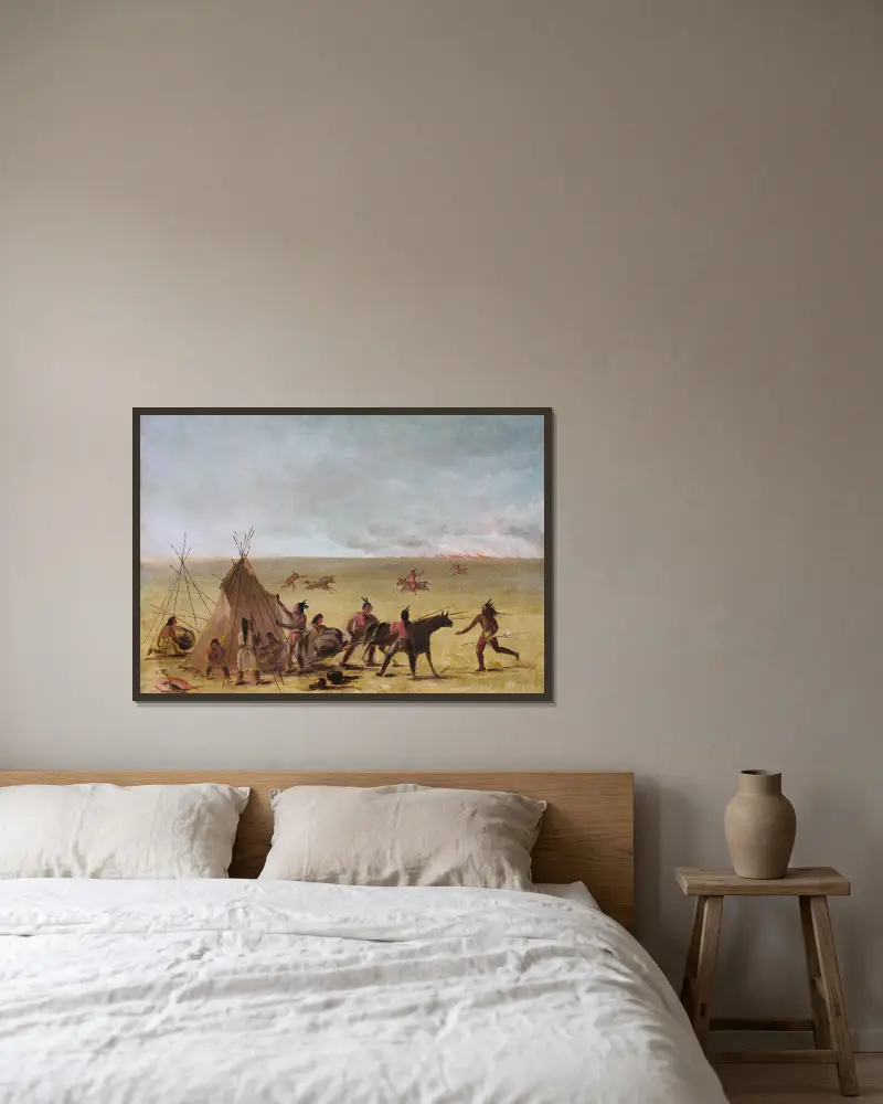 Indianfamilj som skräms av en präriebrand av George Catlin inramad på en vägg