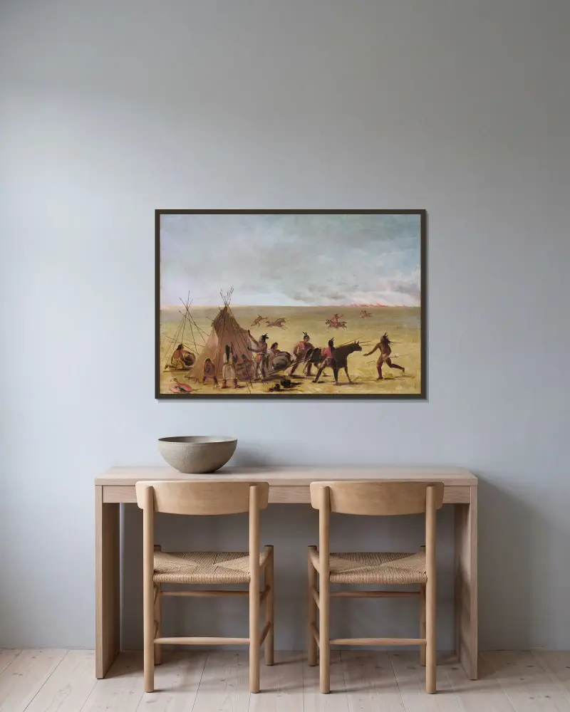 Indianfamilj som skräms av en präriebrand av George Catlin inramad på en vägg