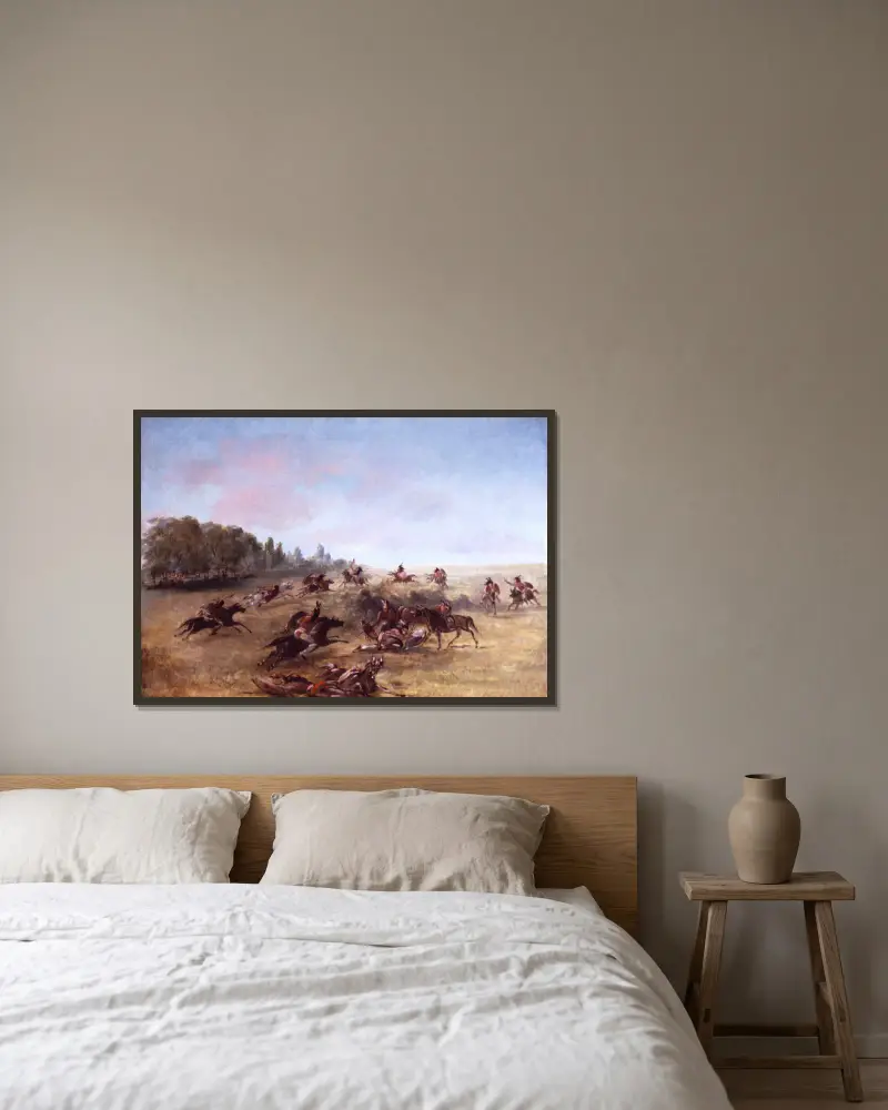 Berittene Kriegergruppe, die ein Dickicht durchkämmt von George Catlin gerahmt an einer Wand