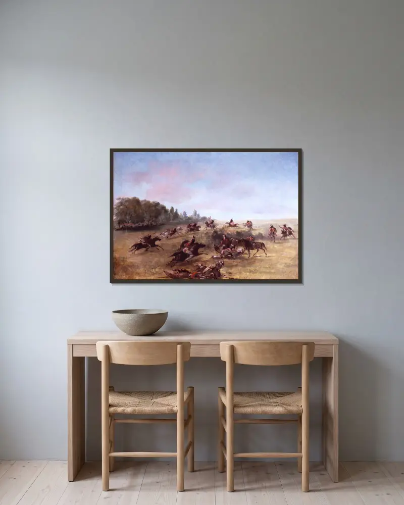 Berittene Kriegergruppe, die ein Dickicht durchkämmt von George Catlin gerahmt an einer Wand