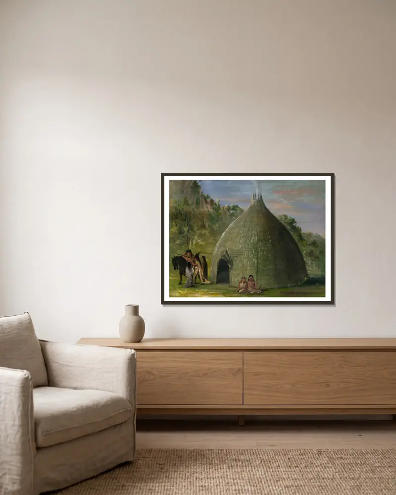 Wichitabostad, täckt med präriegräs av George Catlin inramad på en vägg