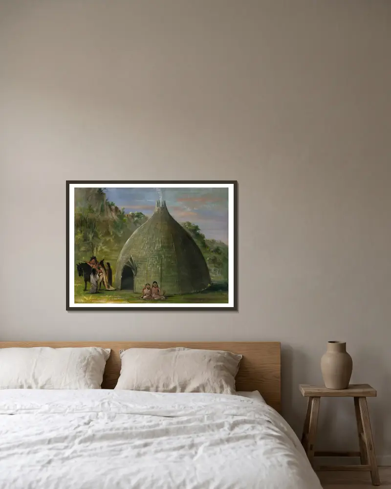 Wichitabostad, täckt med präriegräs av George Catlin inramad på en vägg