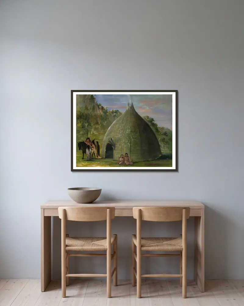 Wichitabostad, täckt med präriegräs av George Catlin inramad på en vägg