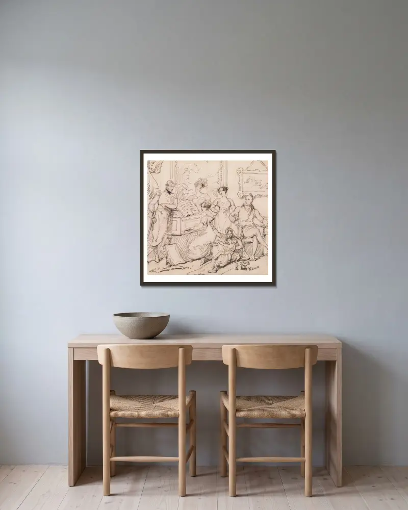 En familjegrupp kring ett piano av George Chinnery inramad på en vägg