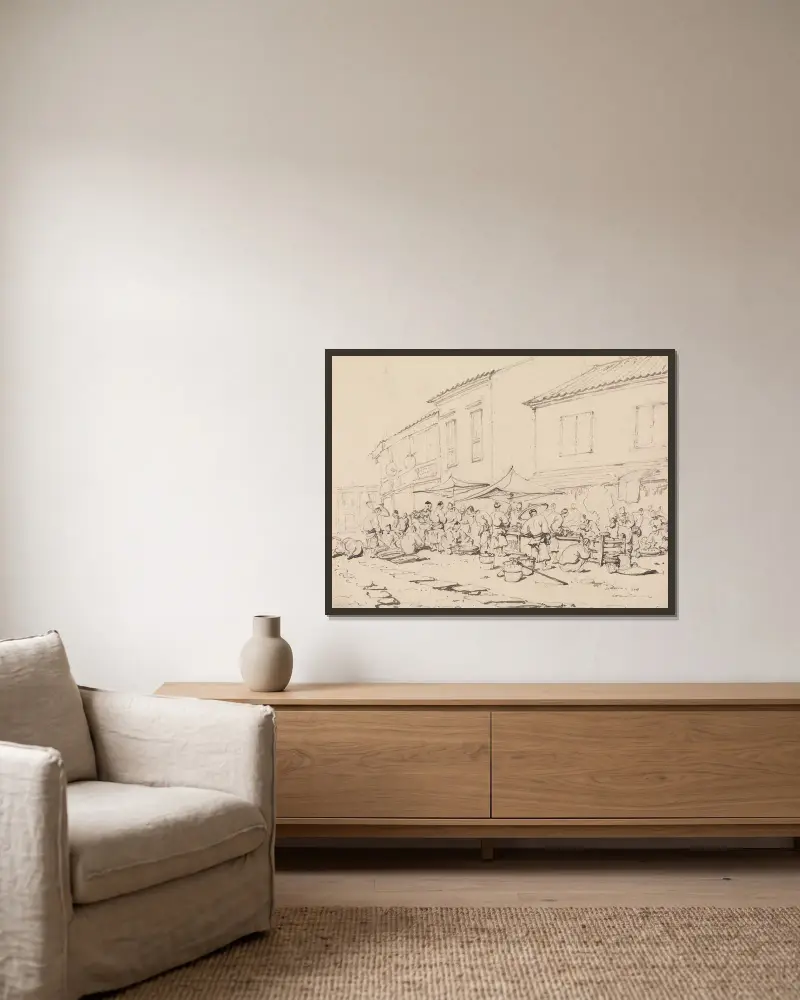 Ein Marktplatz und Menschengewimmel von George Chinnery gerahmt an einer Wand