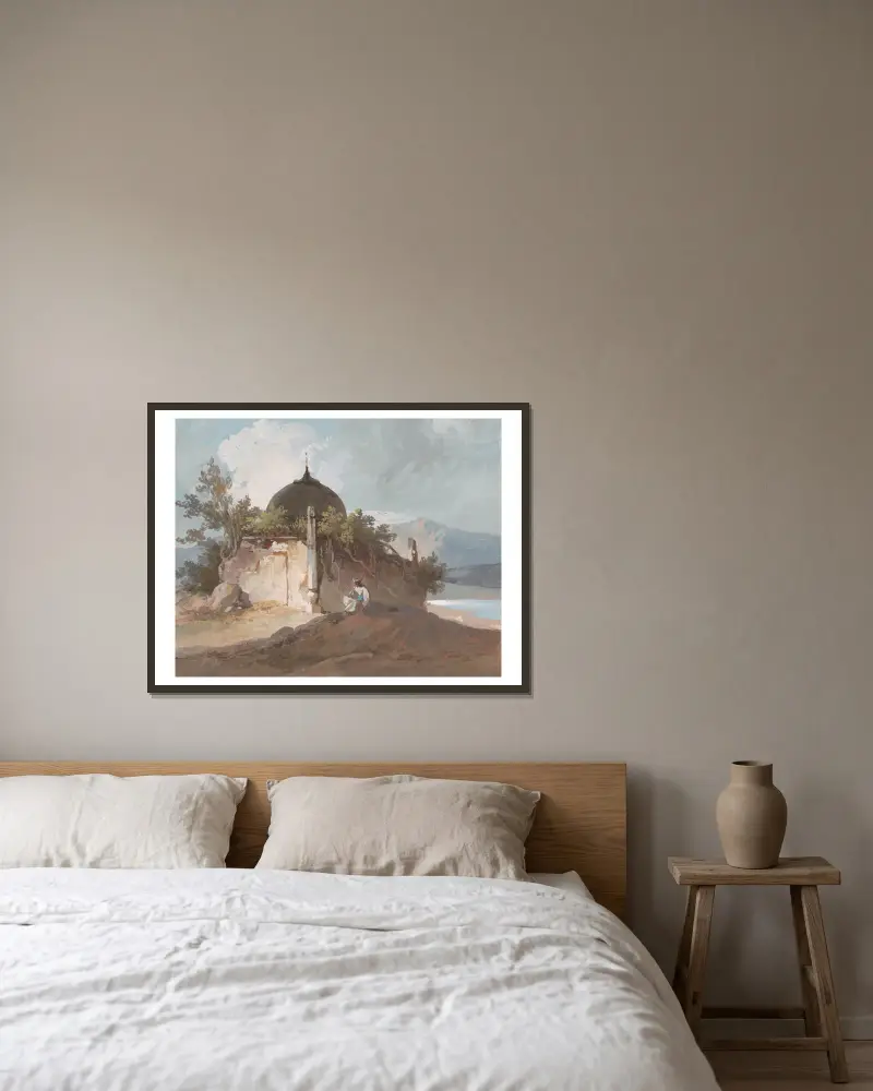 Sittande figur vid ett indiskt tempel av George Chinnery inramad på en vägg