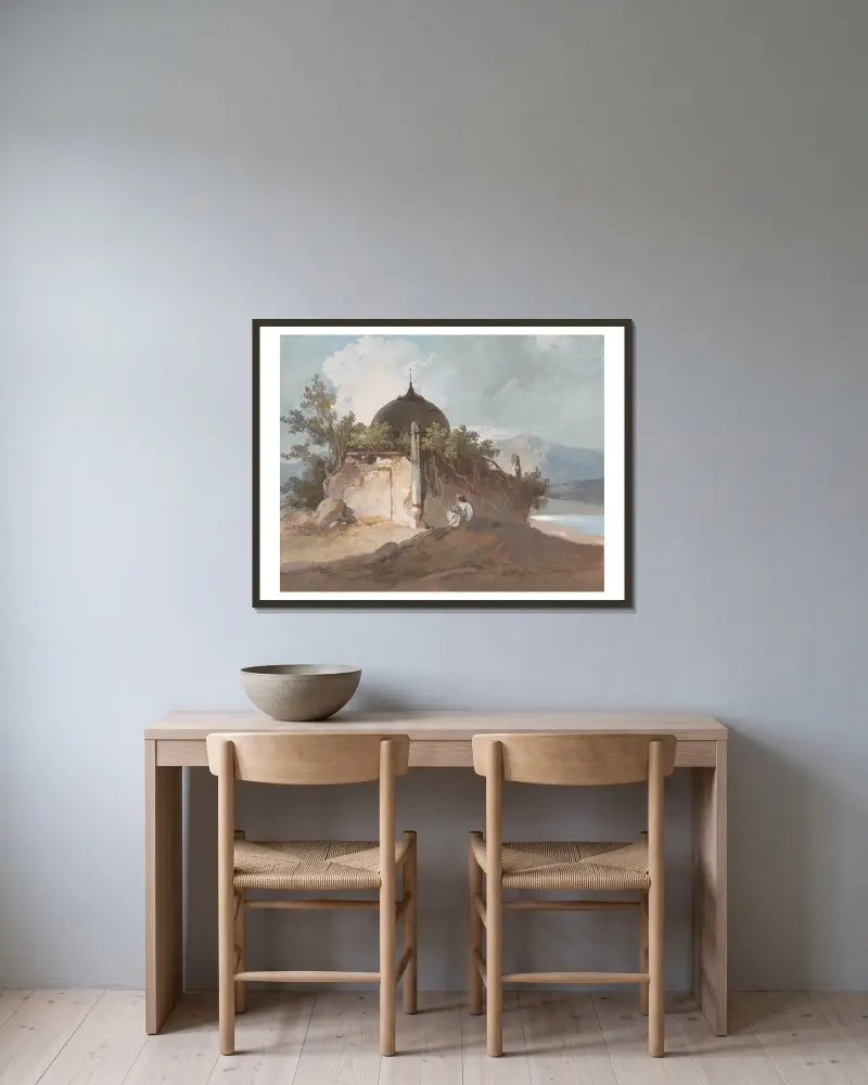 Sittande figur vid ett indiskt tempel av George Chinnery inramad på en vägg