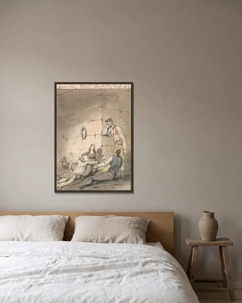 Illustration till Fieldings Amelia av George Chinnery inramad på en vägg