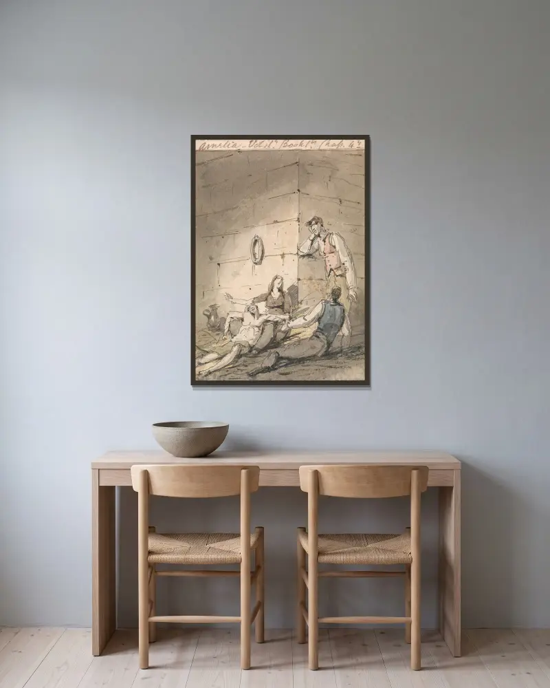 Illustration till Fieldings Amelia av George Chinnery inramad på en vägg