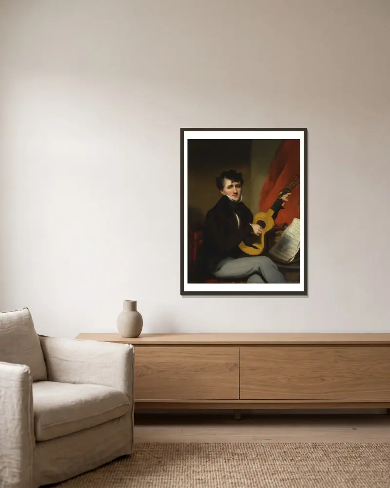 Porträtt av en man som spelar gitarr av George Chinnery inramad på en vägg