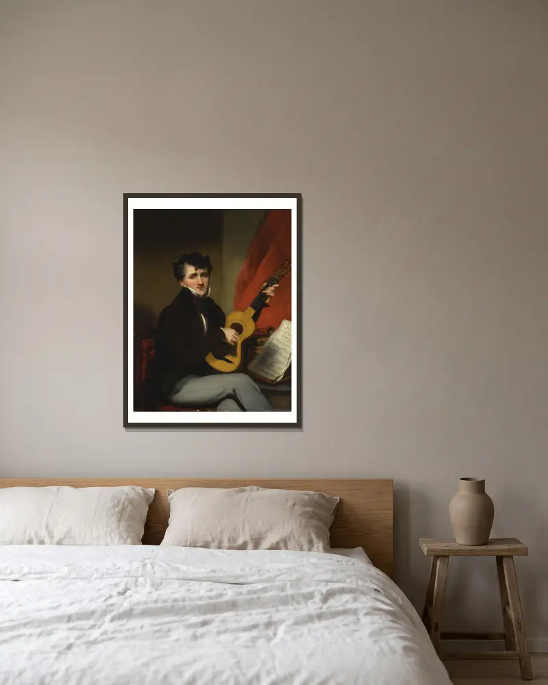 Porträtt av en man som spelar gitarr av George Chinnery inramad på en vägg