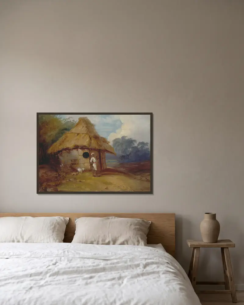 Ansicht von Südindien, mit einem Krieger vor seiner Hütte von George Chinnery gerahmt an einer Wand