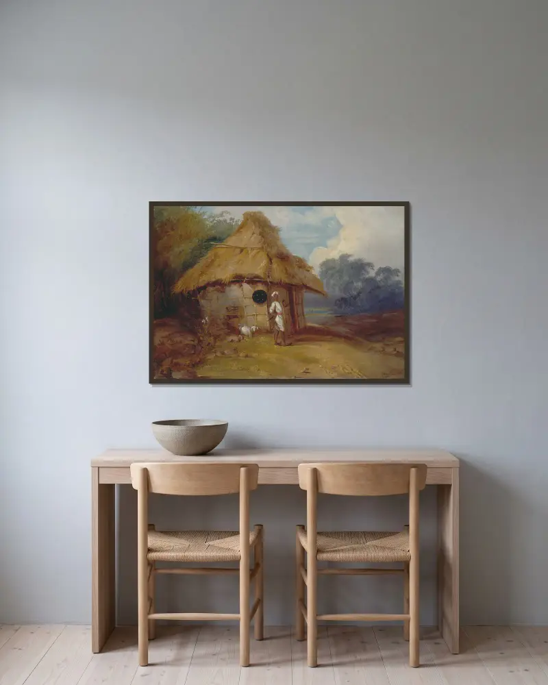 Ansicht von Südindien, mit einem Krieger vor seiner Hütte von George Chinnery gerahmt an einer Wand