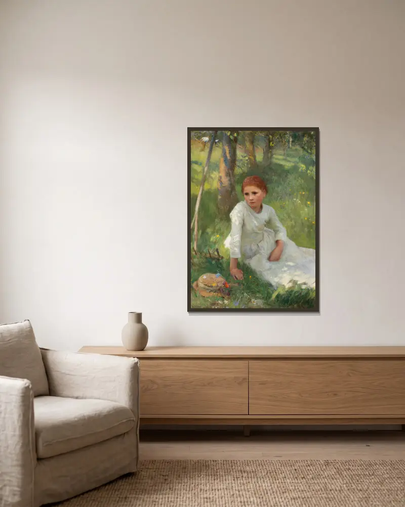 Middag på höfältet av Sir George Clausen inramad på en vägg