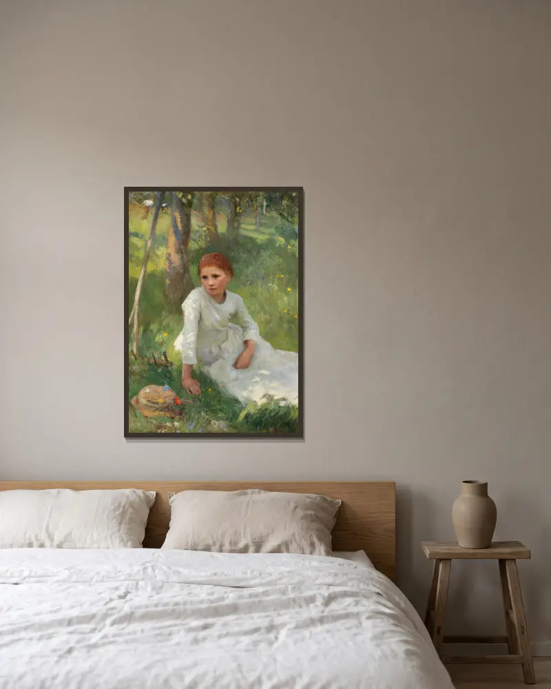 Middag på höfältet av Sir George Clausen inramad på en vägg