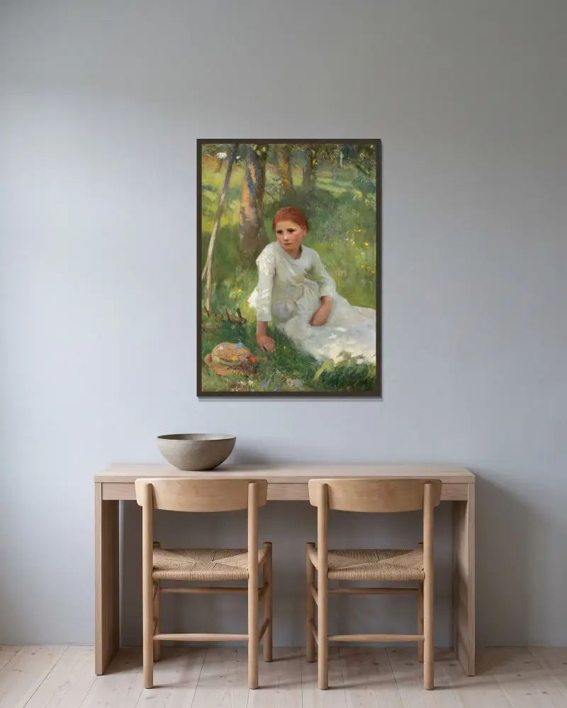 Middag på höfältet av Sir George Clausen inramad på en vägg