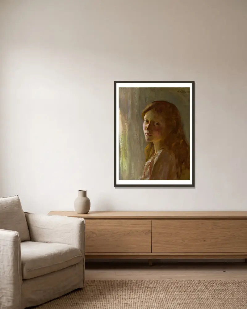 Porträtt av en flicka – nr 1 av Sir George Clausen inramad på en vägg