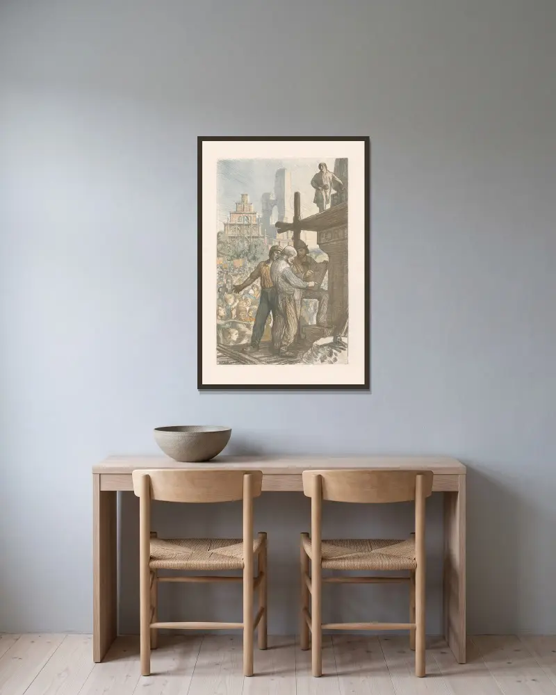 Återuppbyggnaden av Belgien av Sir George Clausen inramad på en vägg