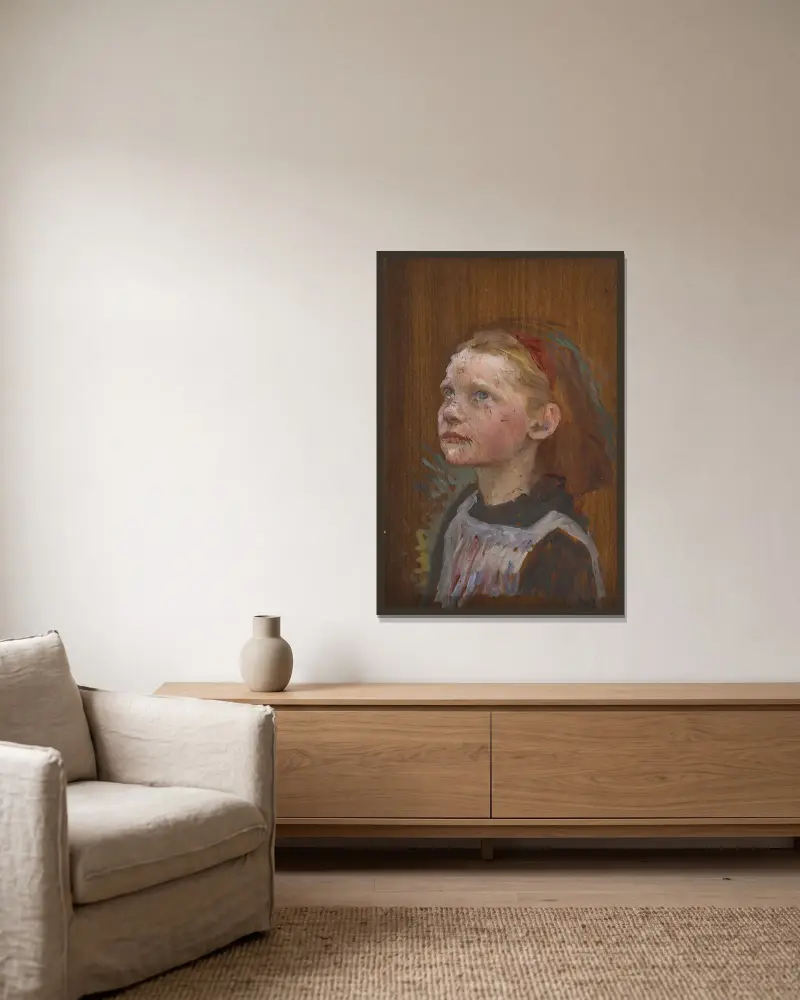Studie av en flicka av Sir George Clausen inramad på en vägg