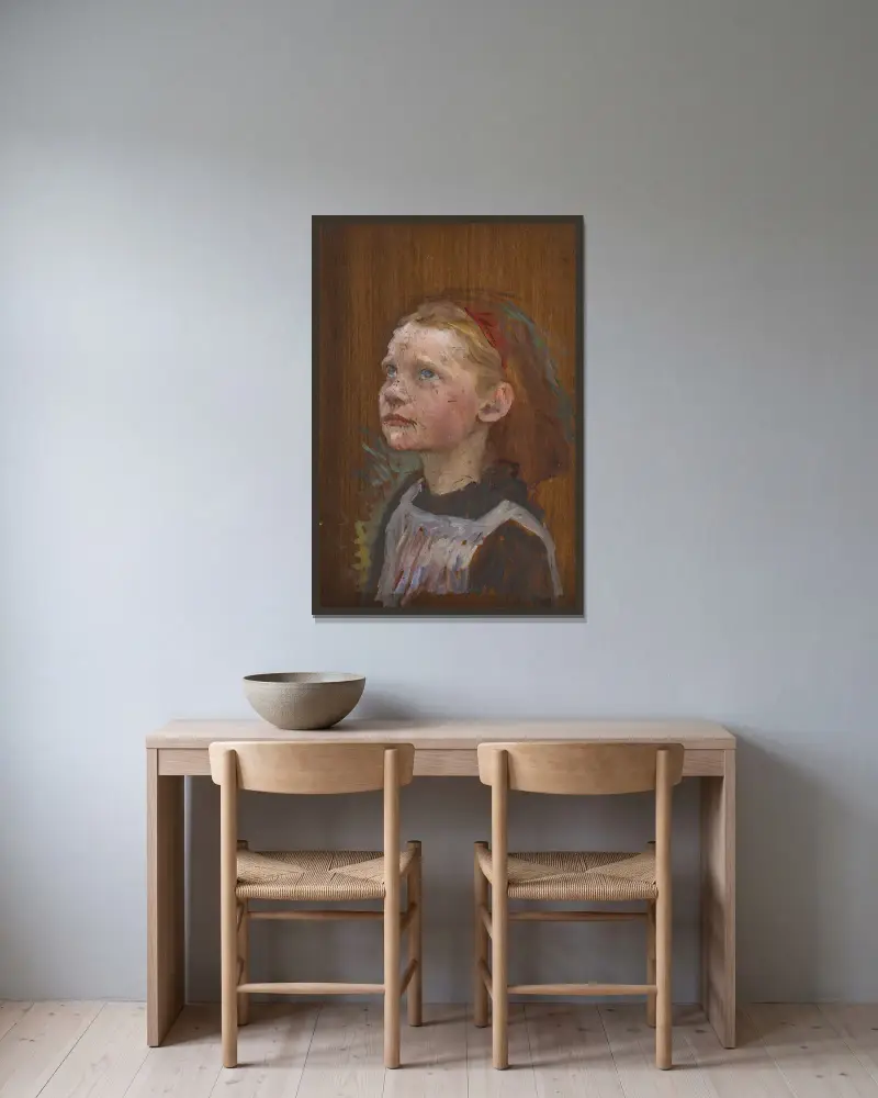 Studie av en flicka av Sir George Clausen inramad på en vägg