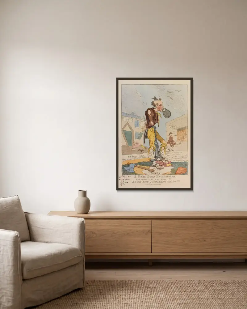 En friboren engelsman! Världens beundran!!! Och de omgivande nationernas avund!!!!!. av George Cruikshank inramad på en vägg