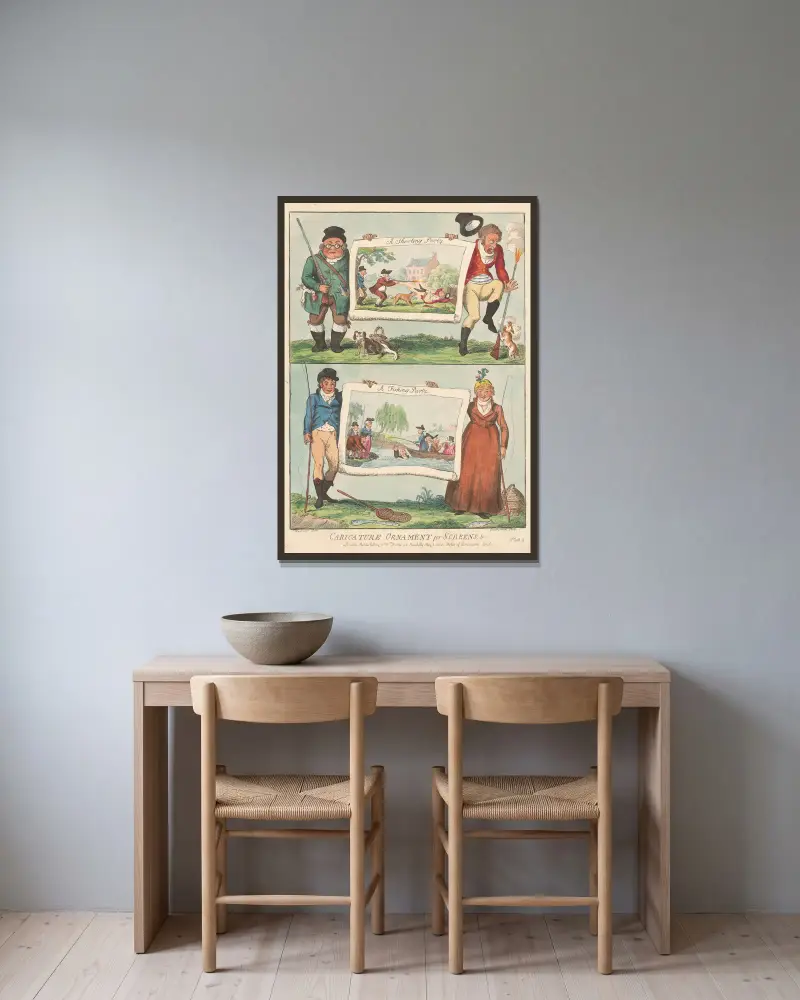 Eine Jagdgesellschaft, eine Angelgesellschaft von George Cruikshank gerahmt an einer Wand