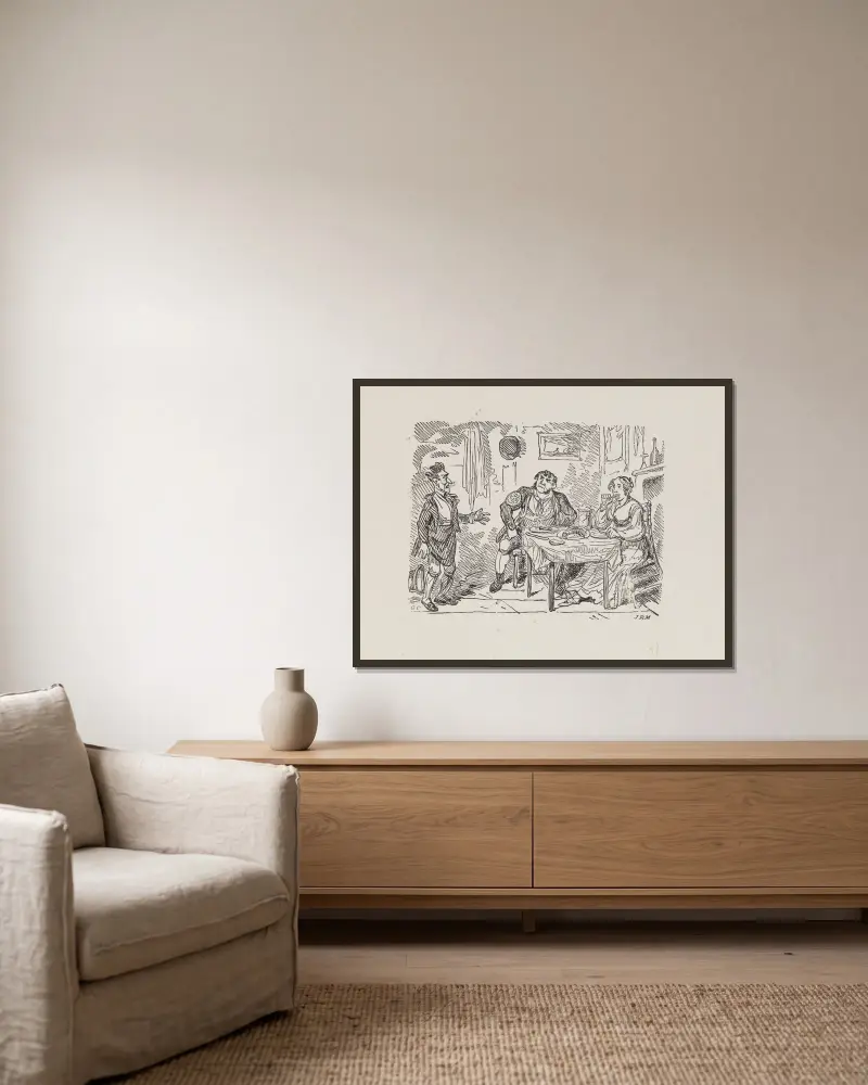 Illustrationen für The Universal Songster, Taf. 03 von George Cruikshank gerahmt an einer Wand