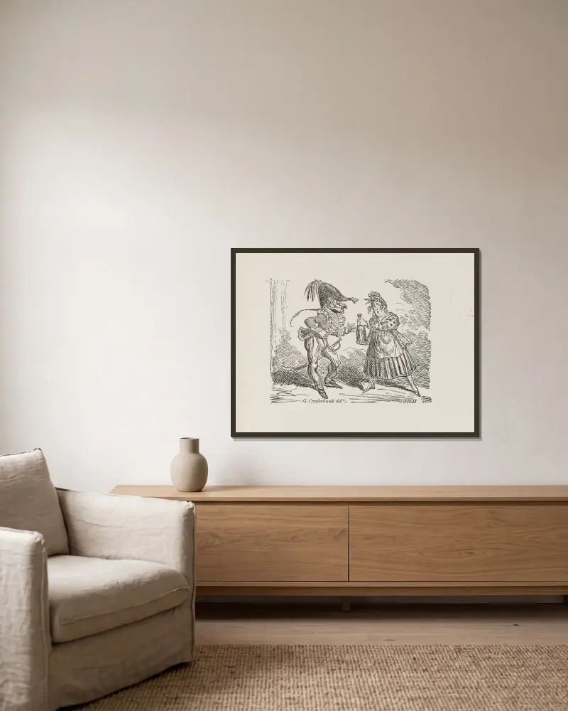Illustrationer till The Universal Songster, plansch 10 av George Cruikshank inramad på en vägg