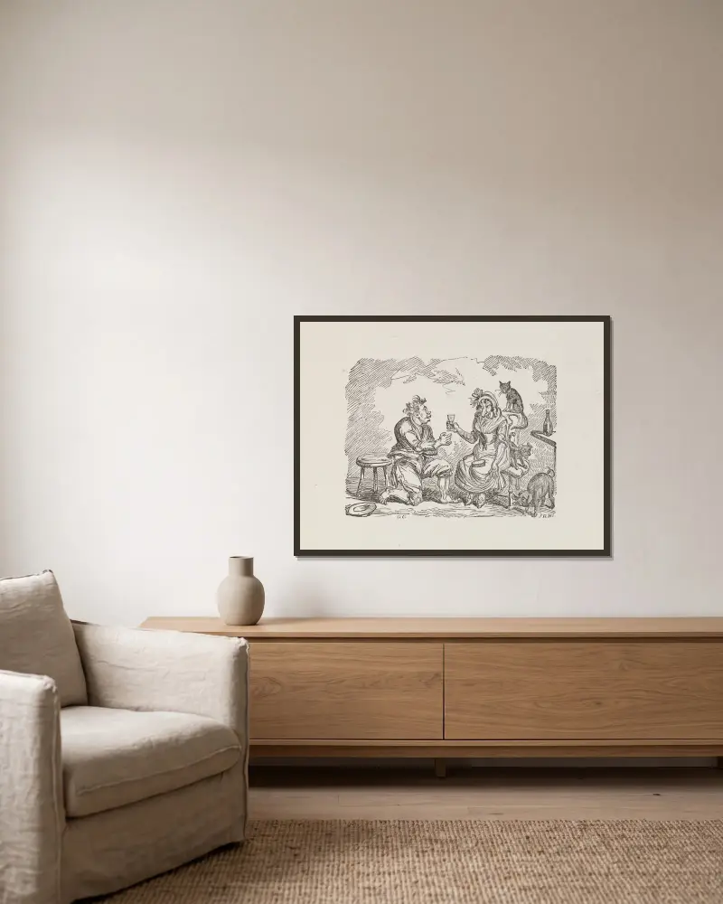 Illustrationer till The Universal Songster, plansch 12 av George Cruikshank inramad på en vägg
