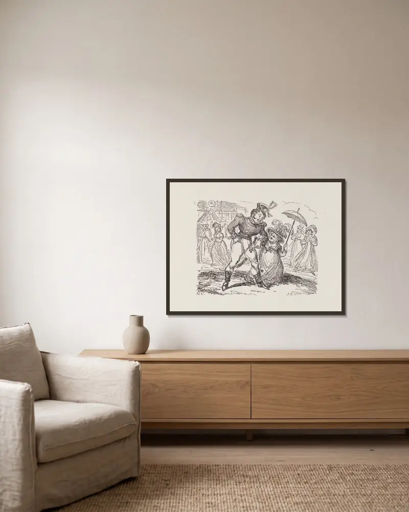 Illustrationen zu The Universal Songster, Taf. 16 von George Cruikshank gerahmt an einer Wand