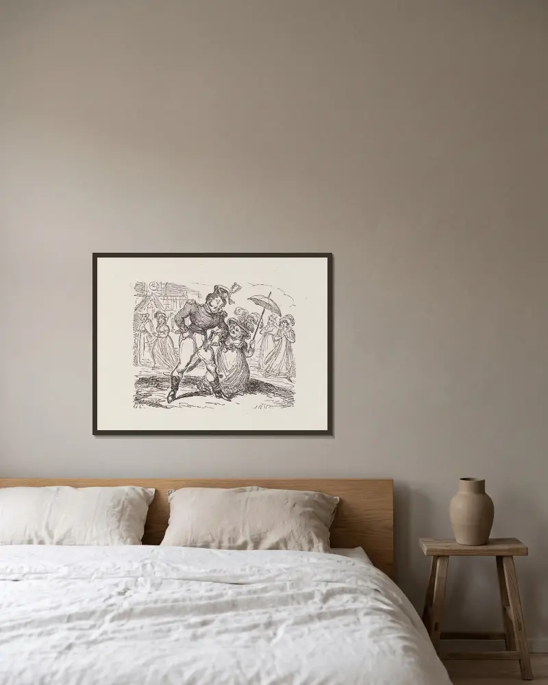 Illustrationen zu The Universal Songster, Taf. 16 von George Cruikshank gerahmt an einer Wand