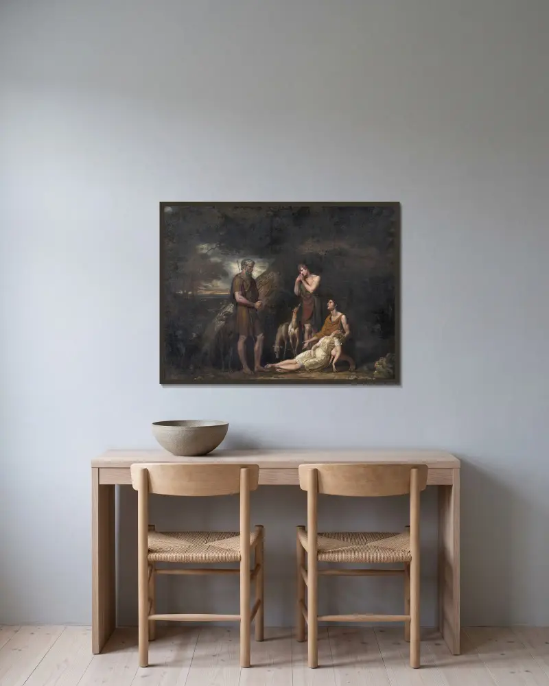 Imogen funnen i Belarius grotta av George Dawe inramad på en vägg