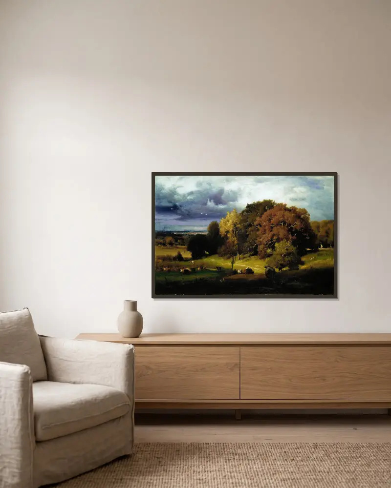 Autumn Oaks av George Inness inramad på en vägg