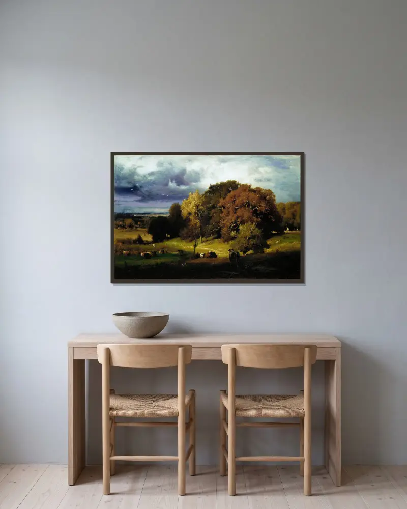 Autumn Oaks av George Inness inramad på en vägg