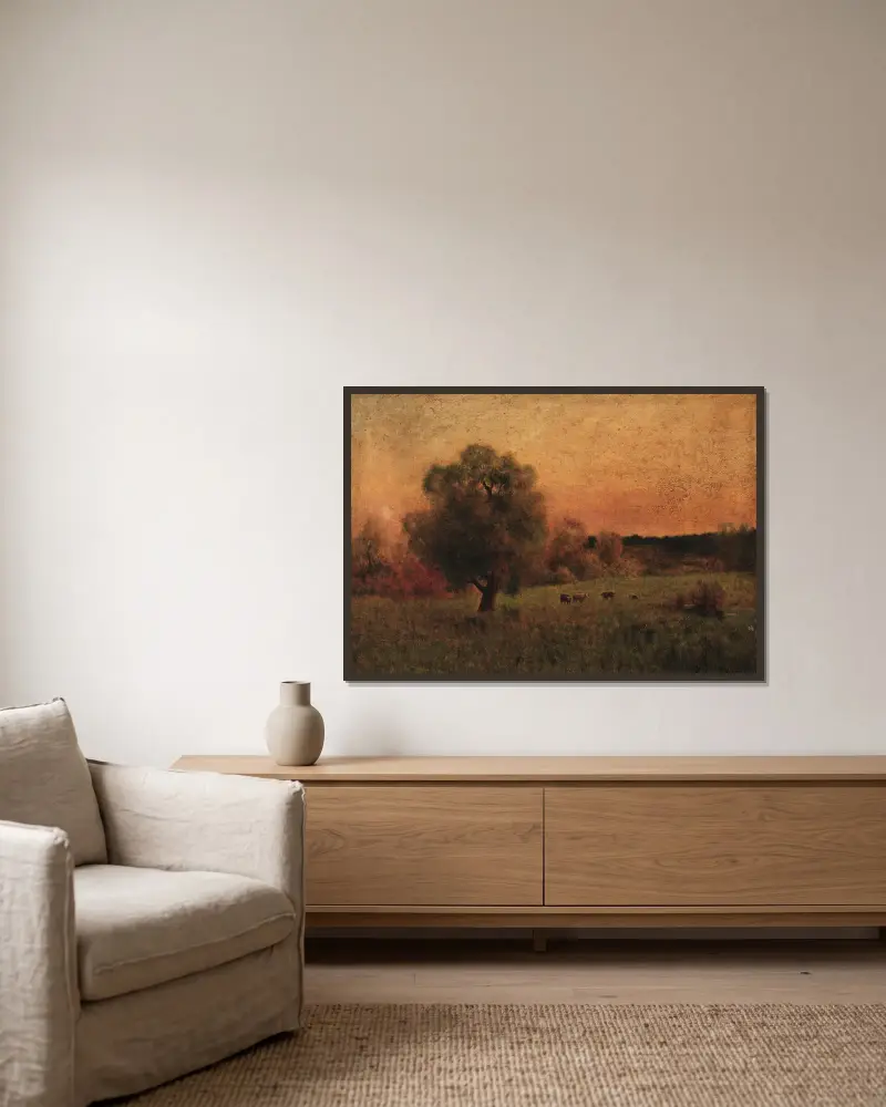 Cows in a Field av George Inness inramad på en vägg