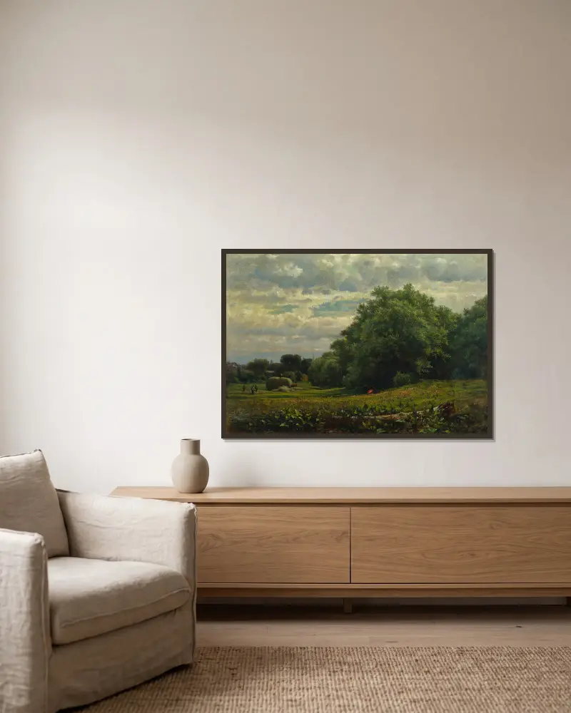 Erntezeit von George Inness gerahmt an einer Wand