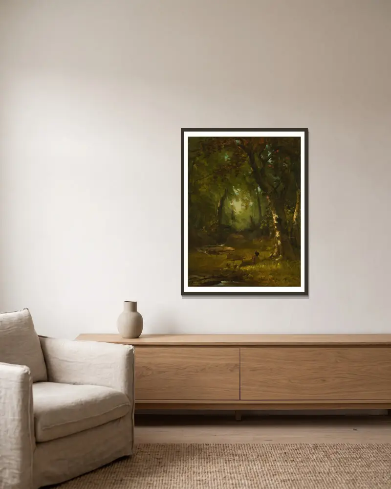 Krajina s lovcem, George Inness v rámu na stěně