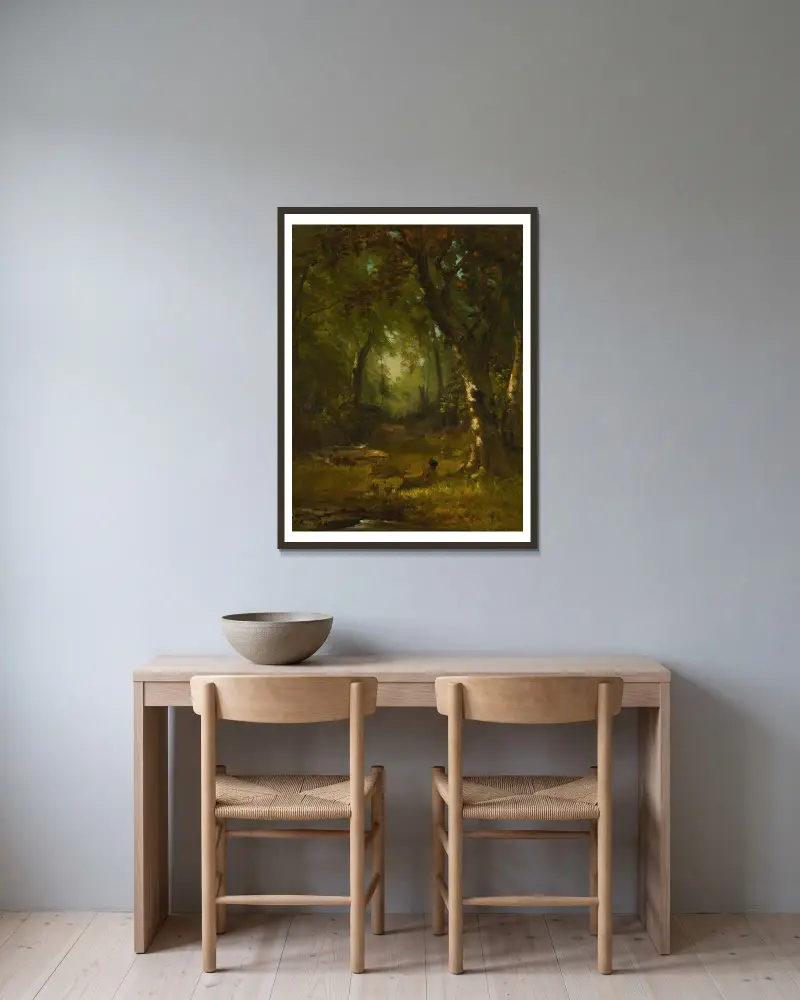 Krajina s lovcem, George Inness v rámu na stěně