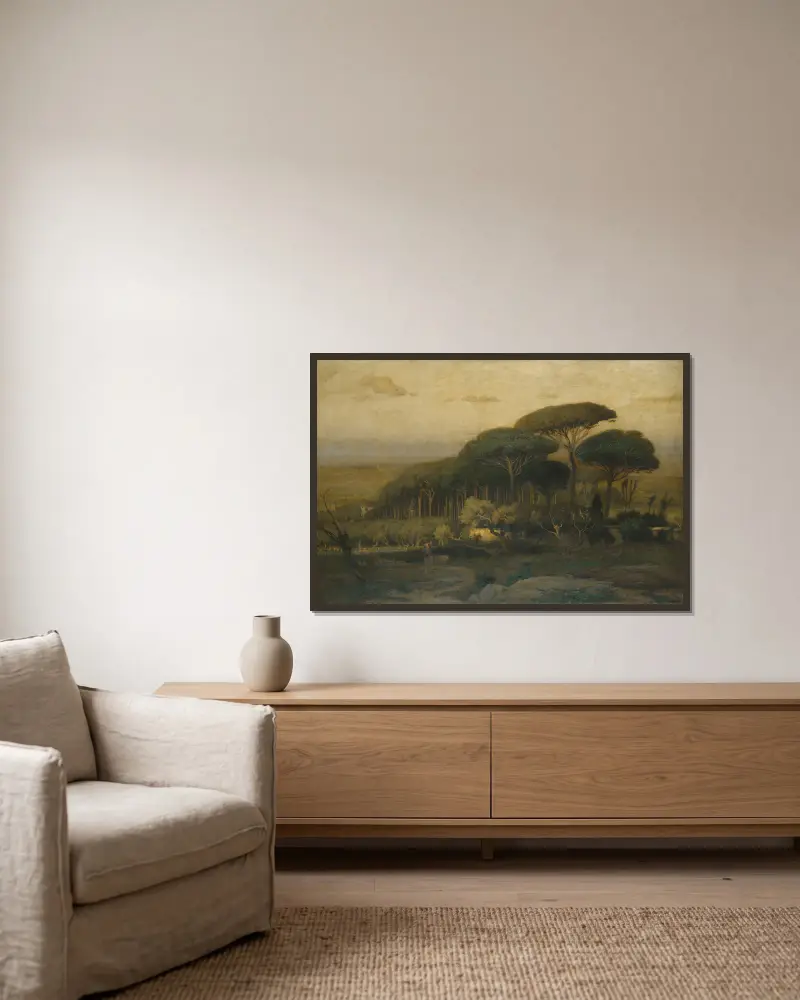 Tallskog vid Villa Barberini av George Inness inramad på en vägg
