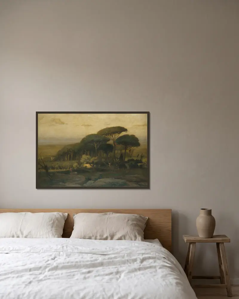 Tallskog vid Villa Barberini av George Inness inramad på en vägg