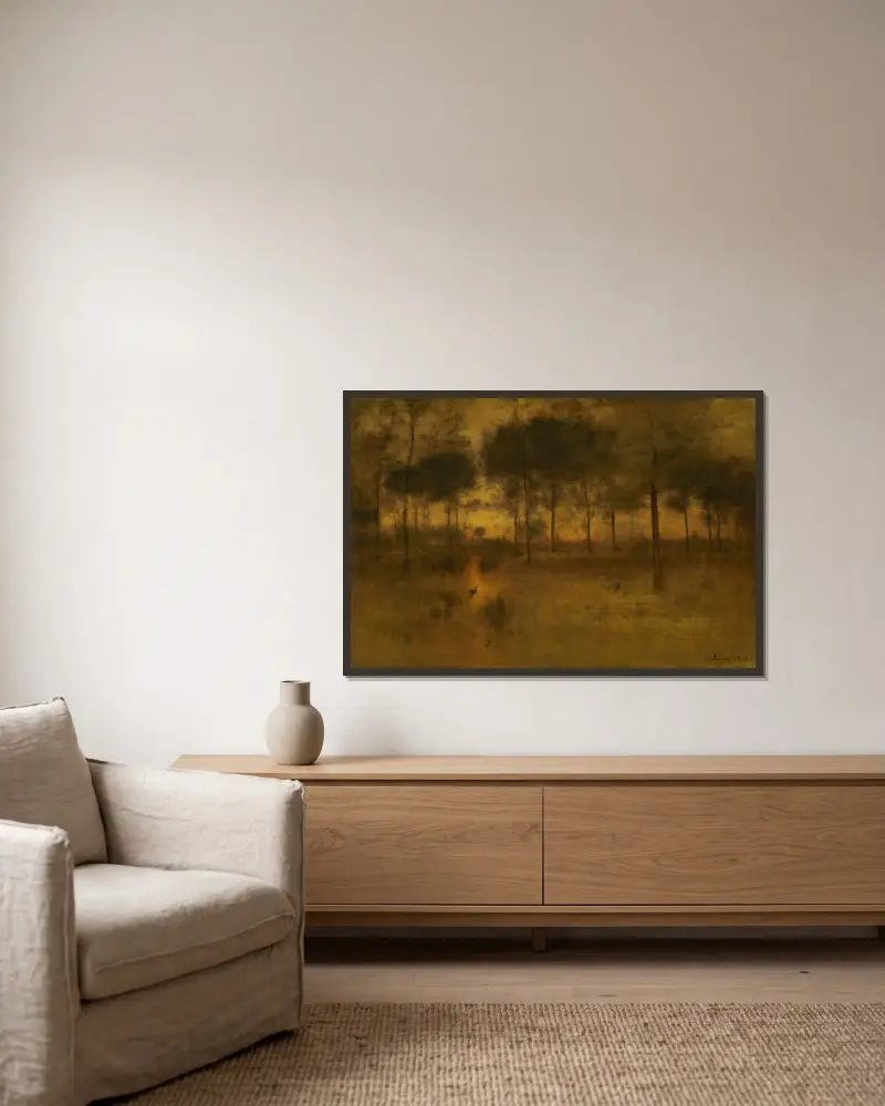 Hägerns hem av George Inness inramad på en vägg