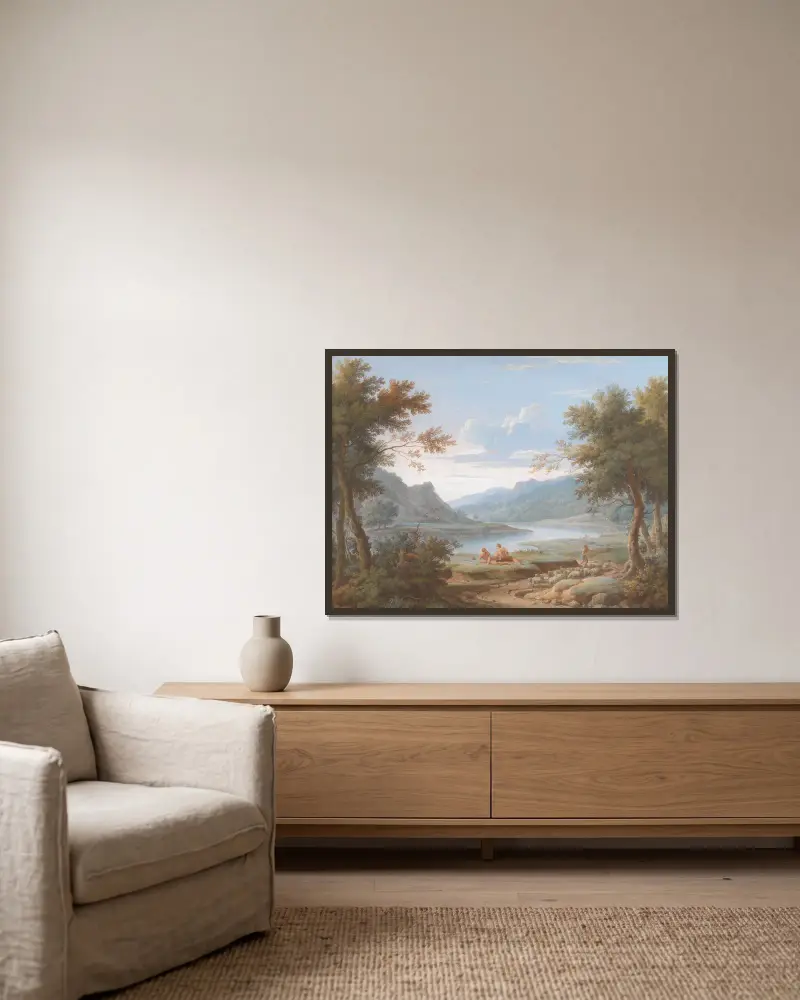 An Arcadian Landscape av George Lambert inramad på en vägg