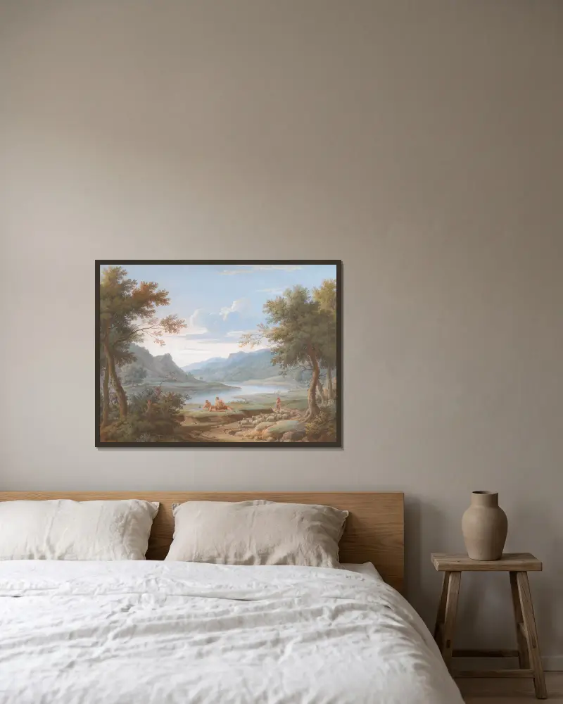 An Arcadian Landscape av George Lambert inramad på en vägg