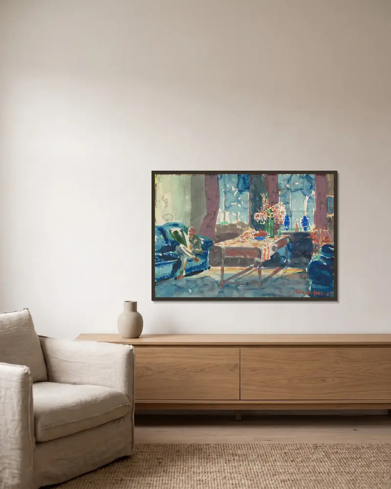 Selbstporträt – Interieur aus meiner New Yorker Wohnung von George Luks gerahmt an einer Wand