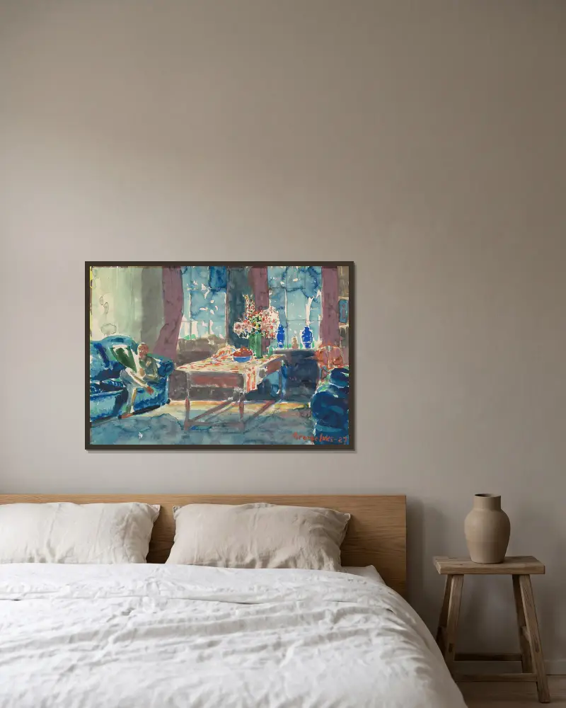 Selbstporträt – Interieur aus meiner New Yorker Wohnung von George Luks gerahmt an einer Wand