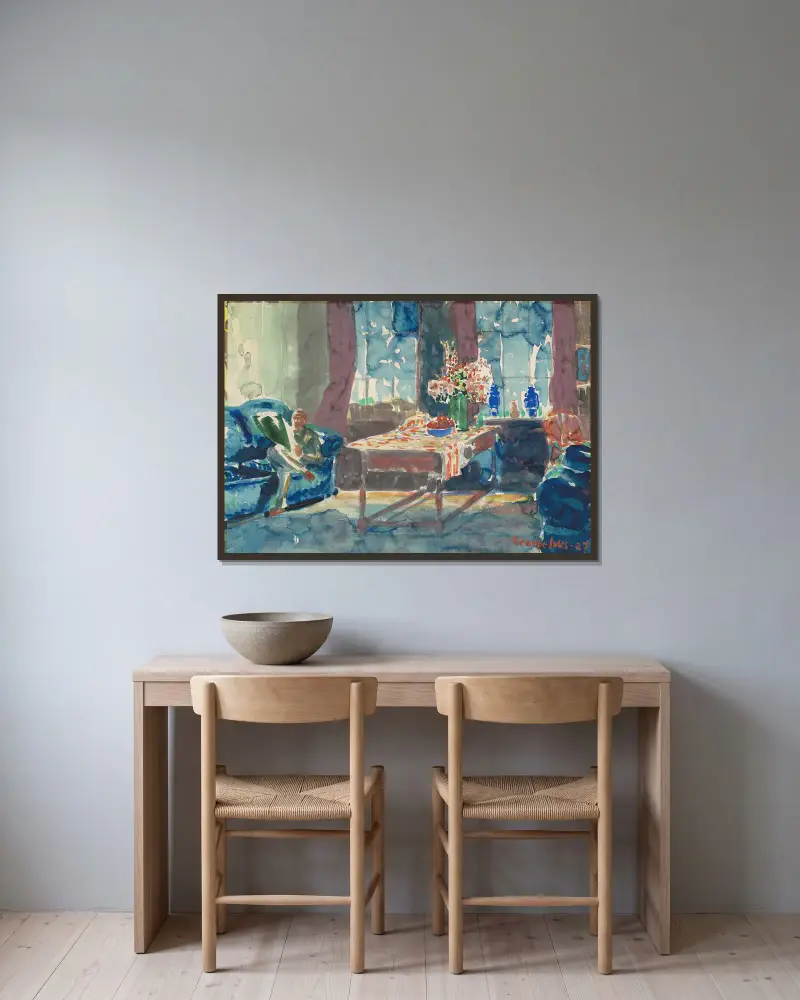 Selbstporträt – Interieur aus meiner New Yorker Wohnung von George Luks gerahmt an einer Wand