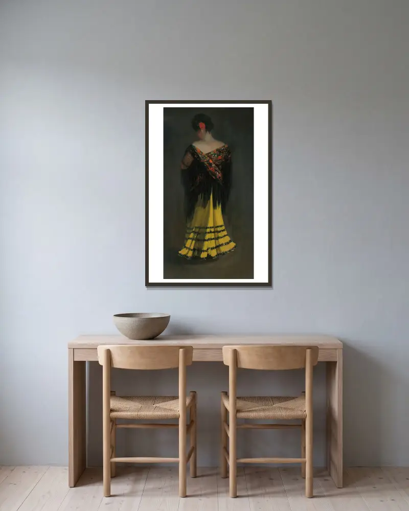 Den spanska sjalen; porträtt av Jeanne Frankenberg av George Luks inramad på en vägg