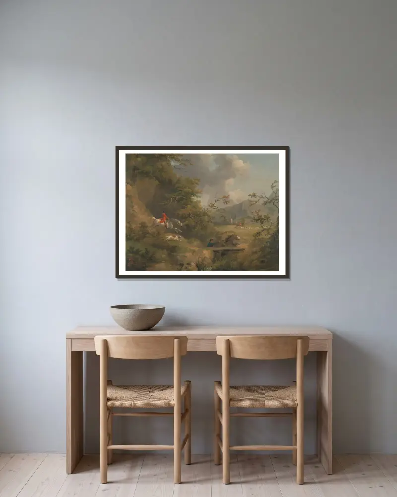 Rävjakt i kuperad terräng av George Morland inramad på en vägg