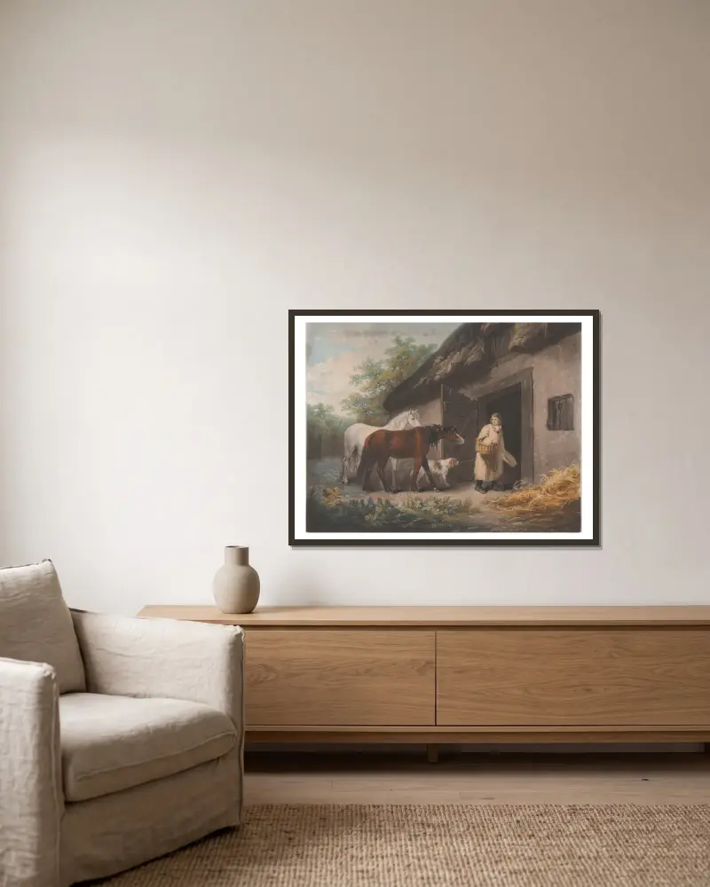 The Horse Feeder av George Morland inramad på en vägg